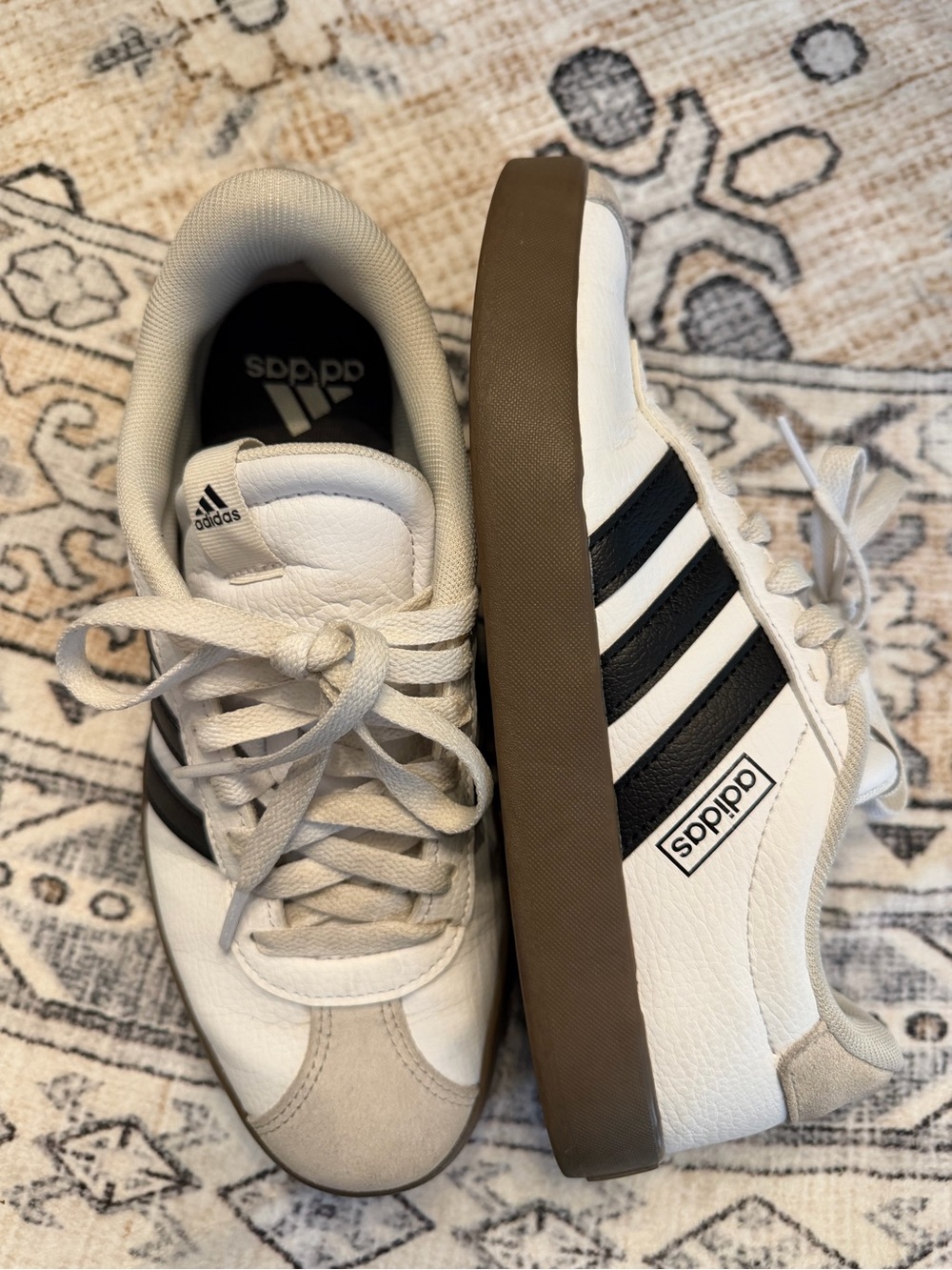 adidas White Sneakers with Black Stripes and Brown Gum Sole